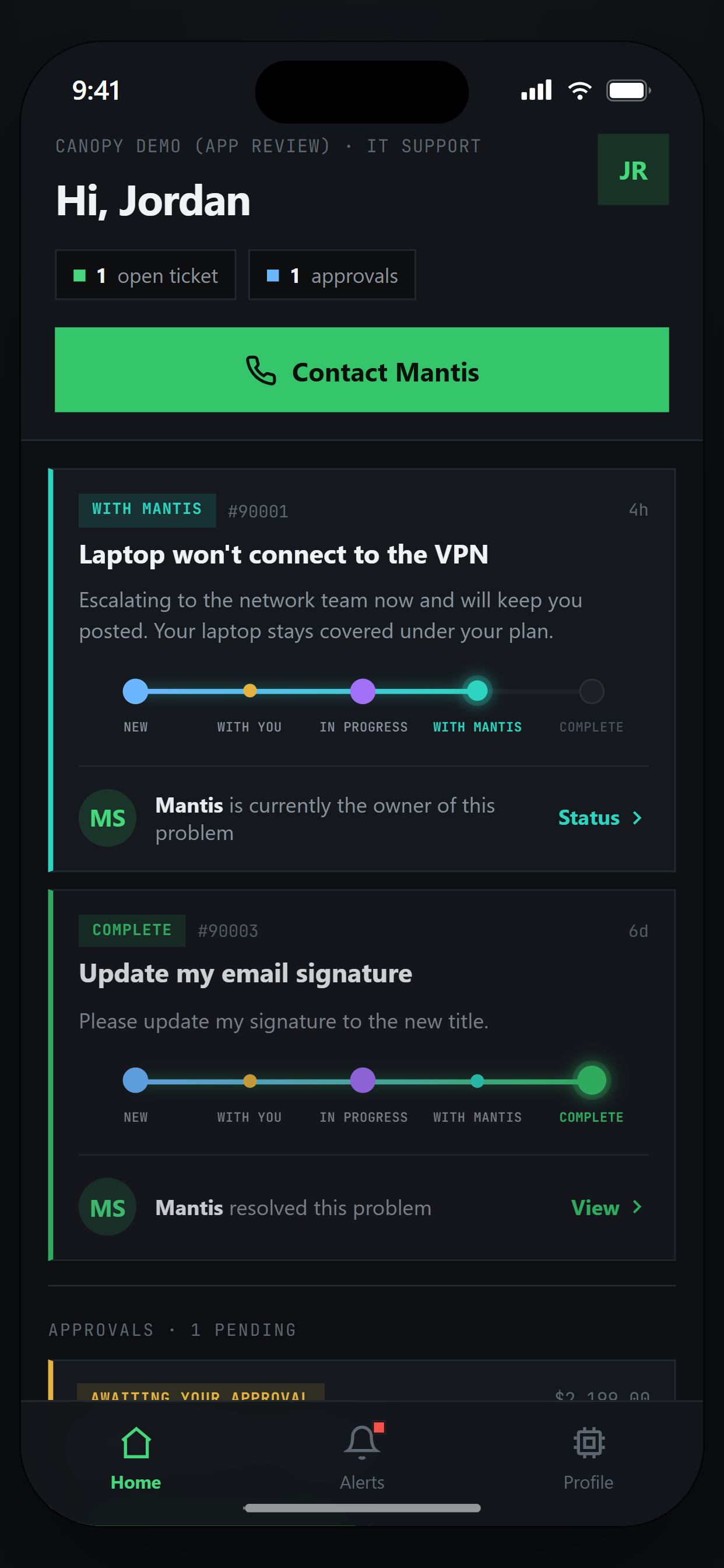 Mantis Canopy on iPhone — live ticket tracking and approvals